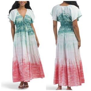 YFB Mara Flutter Sleeve Deep V-Neck Maxi Dress in the Everglade Paint Brush Wash